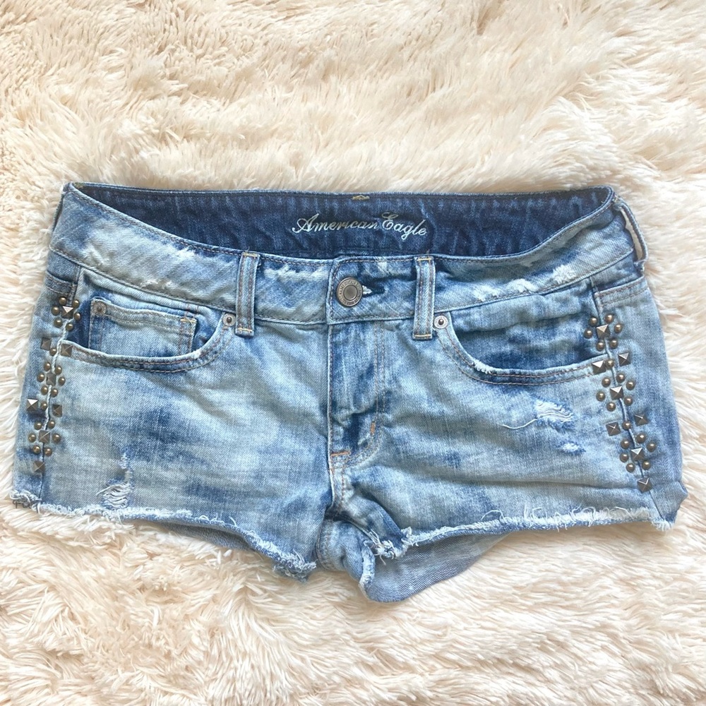 American Eagle Distressed Acid Wash Studded Denim Shorts